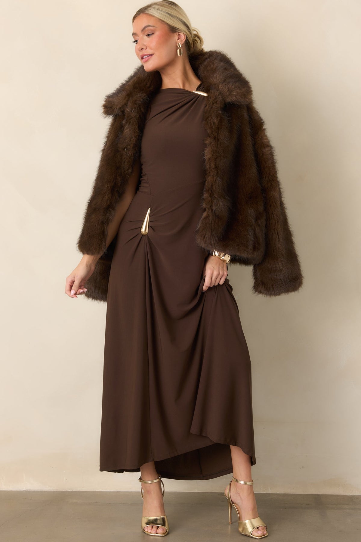 Çikolata Kahve Drape Detaylı Maksi Elbise