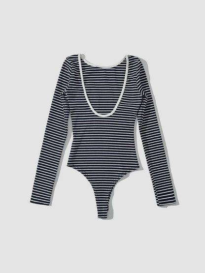 Açık Sırtlı Çizgili Uzun Kollu Bodysuit