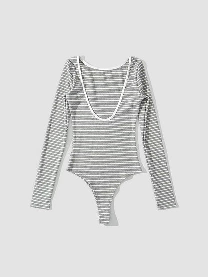 Açık Sırtlı Çizgili Uzun Kollu Bodysuit