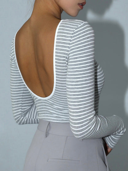 Açık Sırtlı Çizgili Uzun Kollu Bodysuit