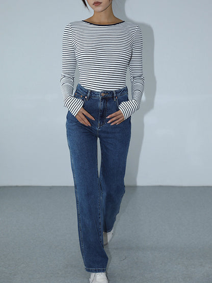 Açık Sırtlı Çizgili Uzun Kollu Bodysuit