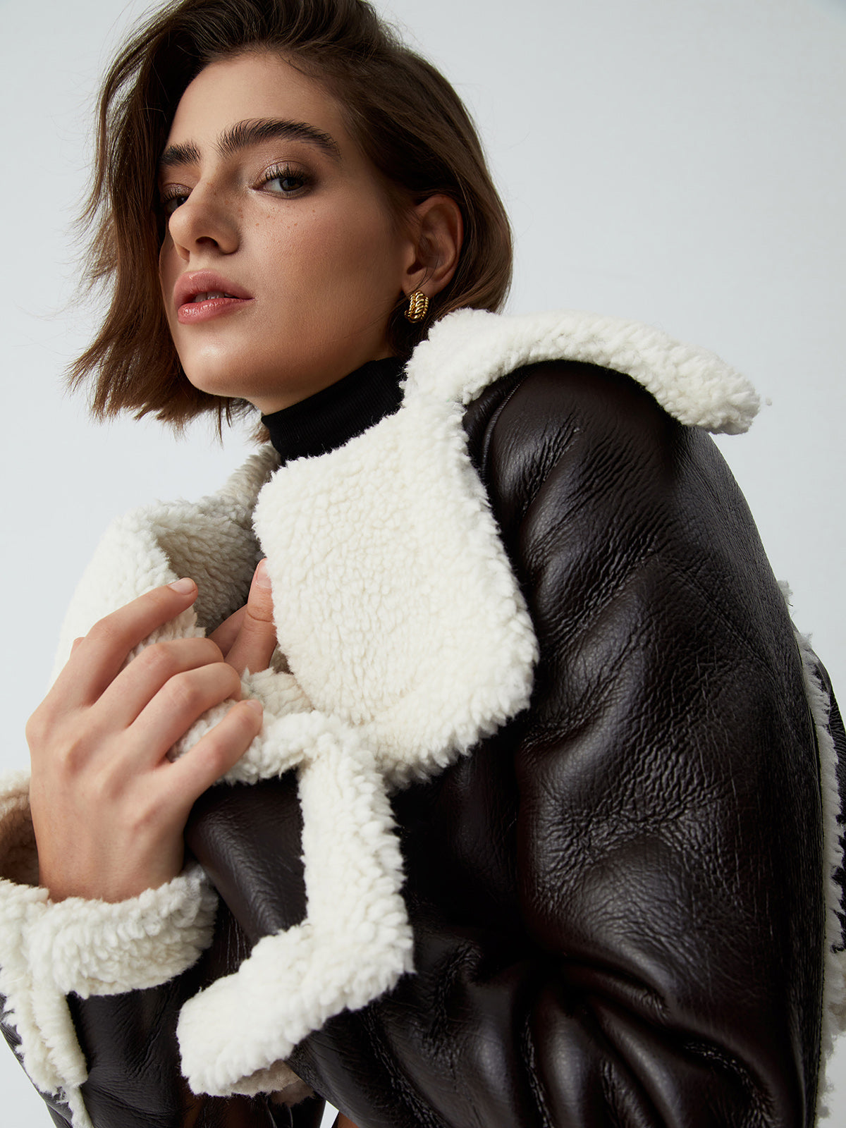 Dikkat Çeken Bahisler Sherpa Astarlı Shearling Deri Uçuş Ceketi