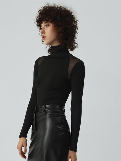 Patchwork Fileli Uzun Kollu Bodysuit