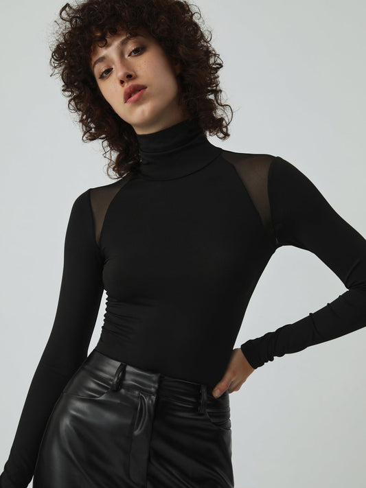 Patchwork Fileli Uzun Kollu Bodysuit