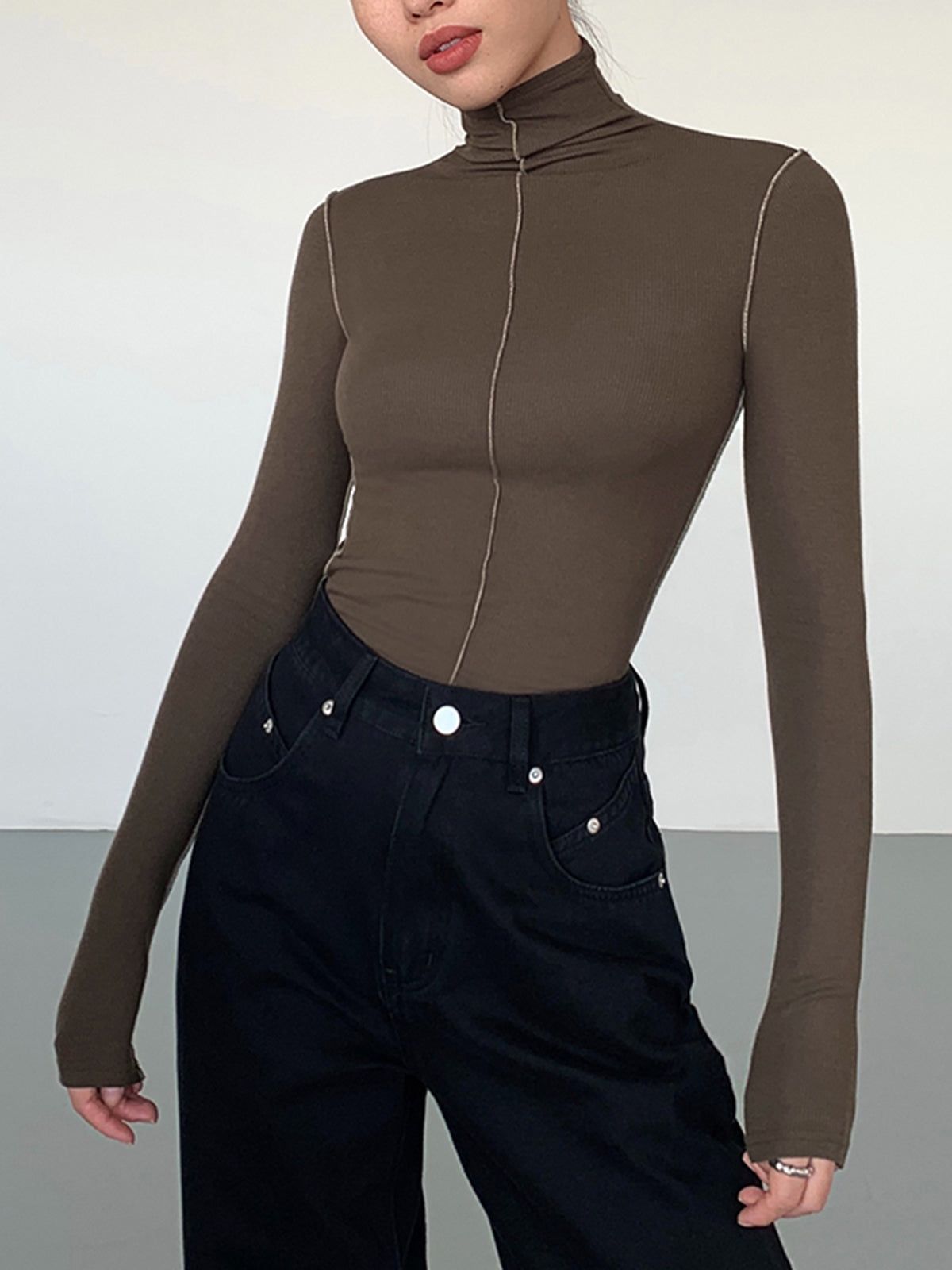 Slinky Turtleneck Kontrast Kesimli Ribana Örgü Gömlek