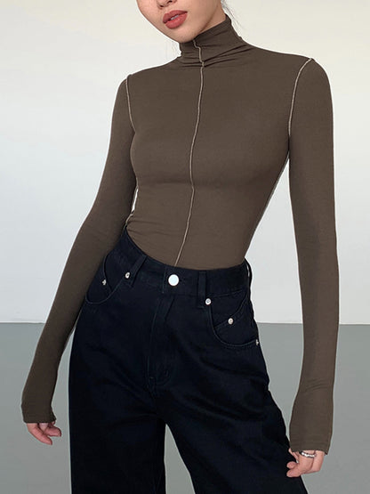 Slinky Turtleneck Kontrast Kesimli Ribana Örgü Gömlek