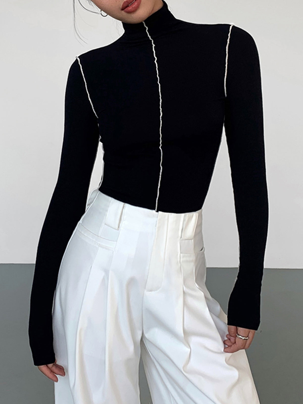 Slinky Turtleneck Kontrast Kesimli Ribana Örgü Gömlek