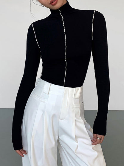 Slinky Turtleneck Kontrast Kesimli Ribana Örgü Gömlek