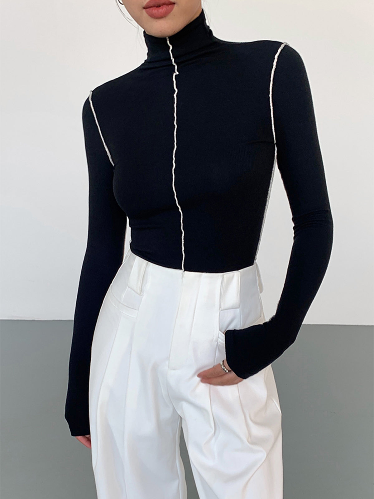 Slinky Turtleneck Kontrast Kesimli Ribana Örgü Gömlek