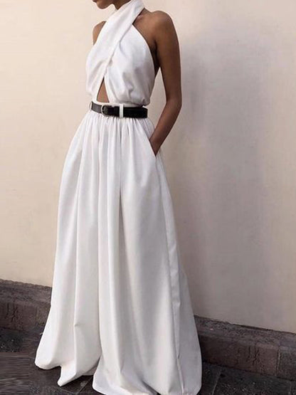 Criss Cross Halter Sırtı Açık Tulum Kemersiz