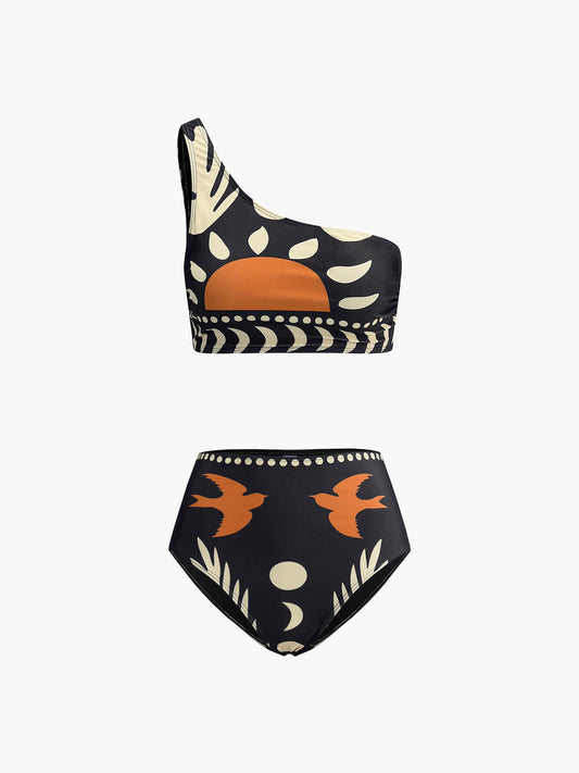 Kuş Desenli Asimetrik Yaka Bikini Takımı
