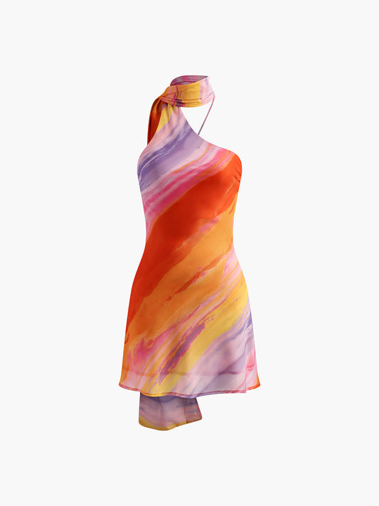 Yarı Şeffaf Askılı Sırtı Açık Tie Dye Kısa Elbise