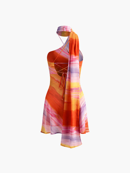 Yarı Şeffaf Askılı Sırtı Açık Tie Dye Kısa Elbise