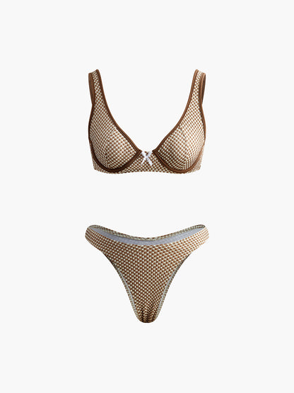 Kontrast Bağlamalı Ekose Bikini Takımı