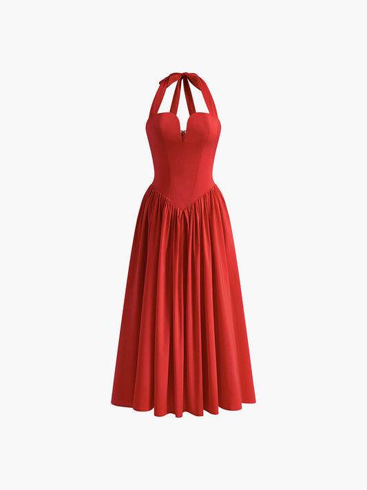 Halter Sevgiliye Pileli Midi Elbise