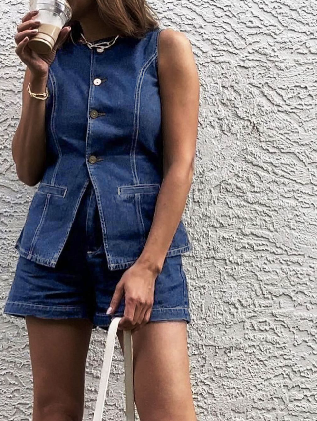 Kot Peplum Yelek Şort Takımı