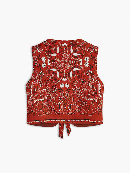 Paisley Baskılı Ön Bağcıklı Yelek