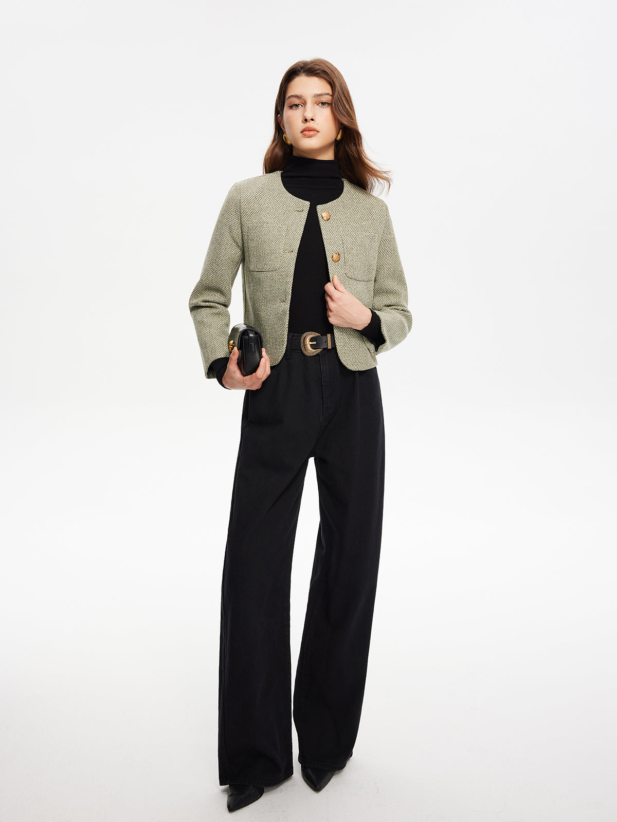 Yuvarlak Yaka Cepli Tweed Ceket