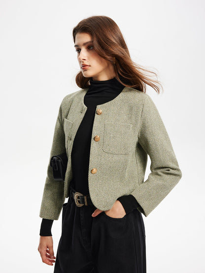 Yuvarlak Yaka Cepli Tweed Ceket