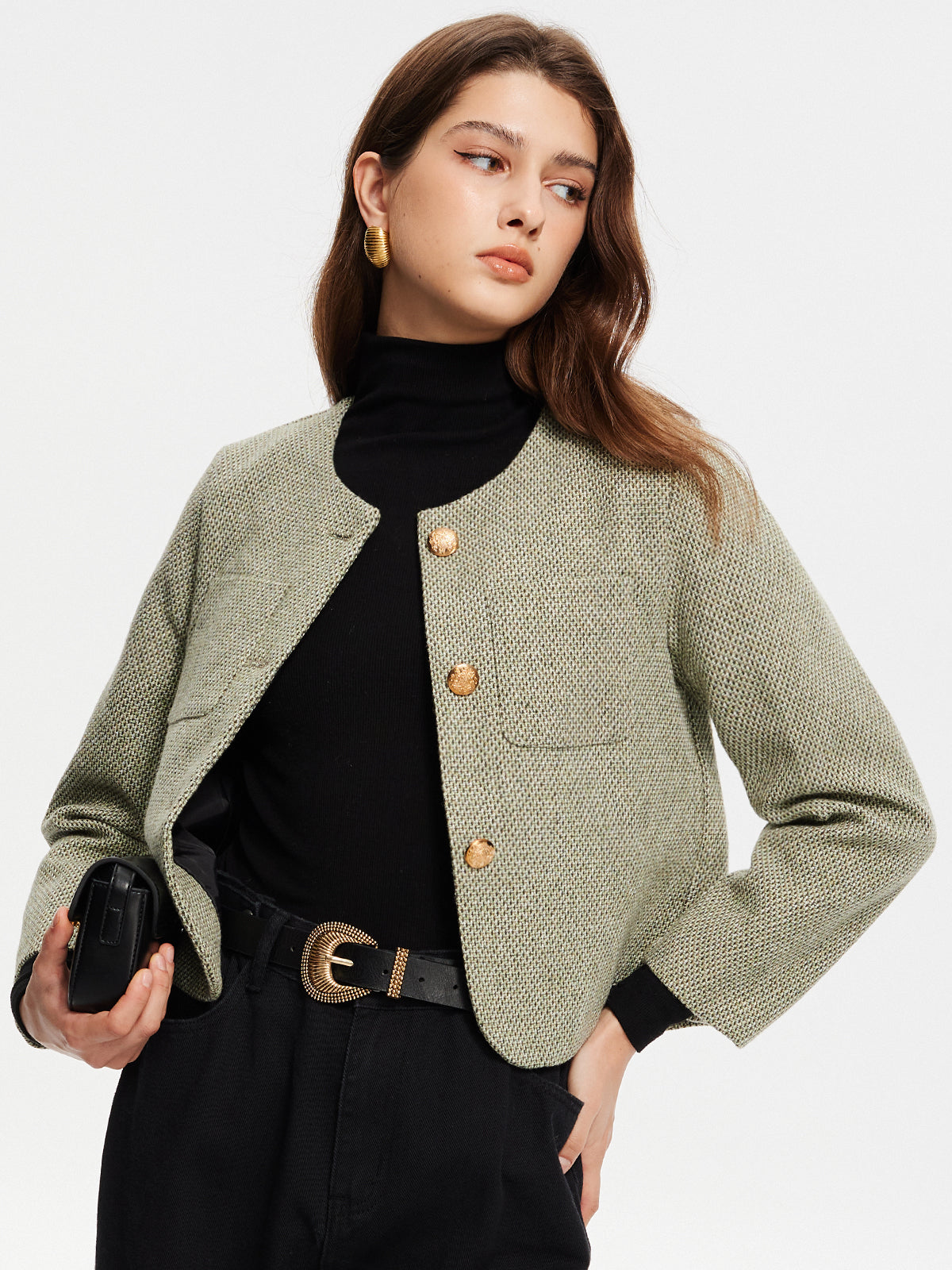 Yuvarlak Yaka Cepli Tweed Ceket