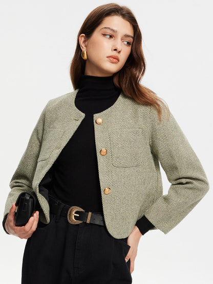 Yuvarlak Yaka Cepli Tweed Ceket