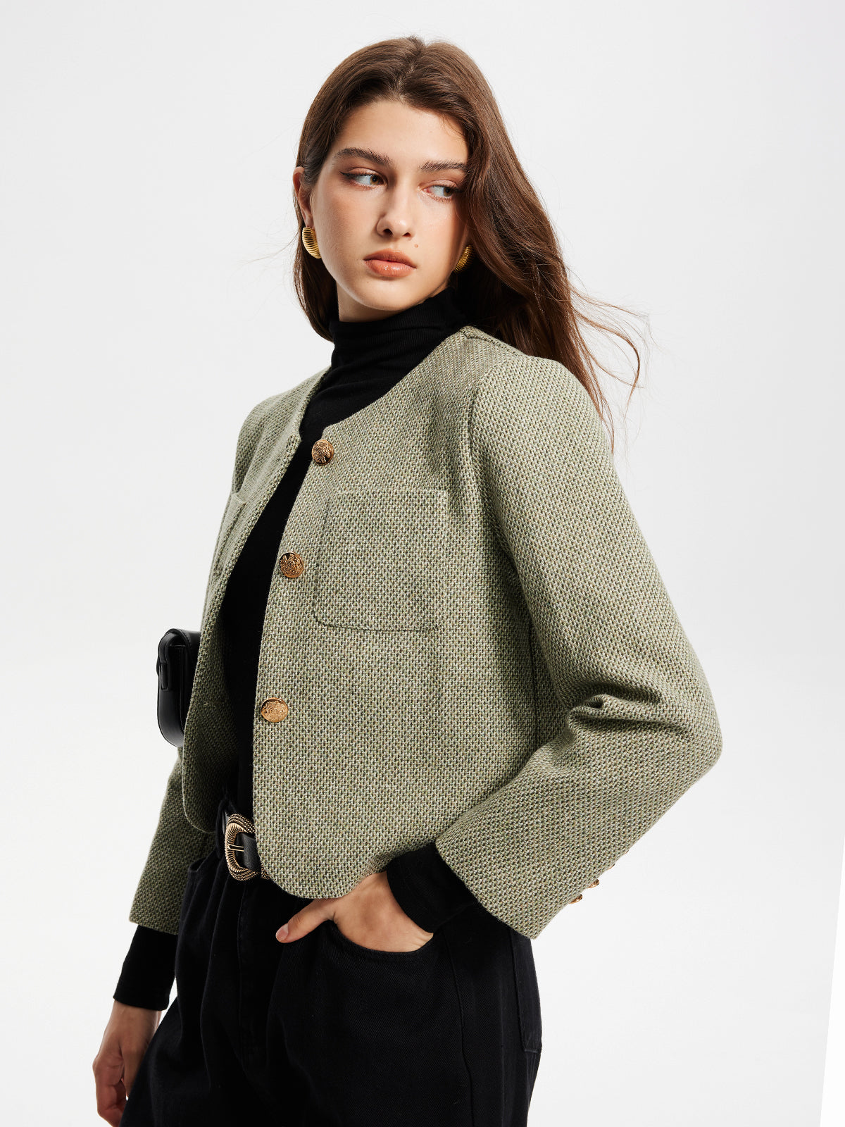 Yuvarlak Yaka Cepli Tweed Ceket
