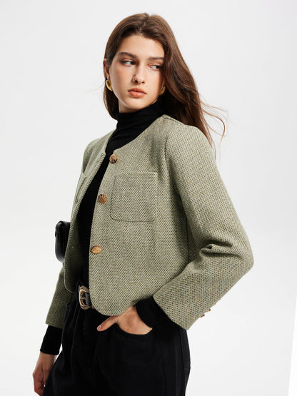 Yuvarlak Yaka Cepli Tweed Ceket