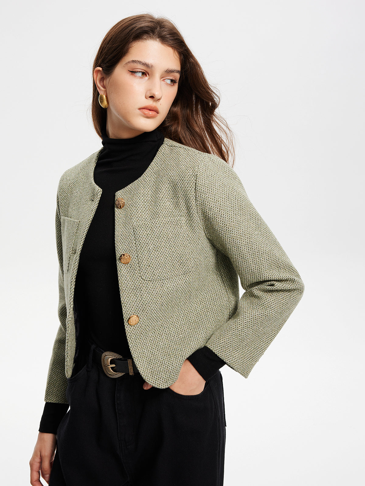 Yuvarlak Yaka Cepli Tweed Ceket