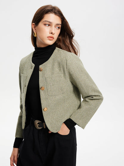 Yuvarlak Yaka Cepli Tweed Ceket