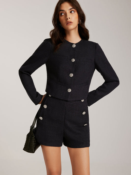 Düğmeli Tweed Kısa Ceket