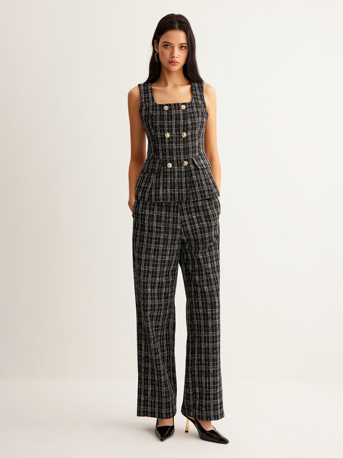 Günlük Kareli Tweed Pantolon