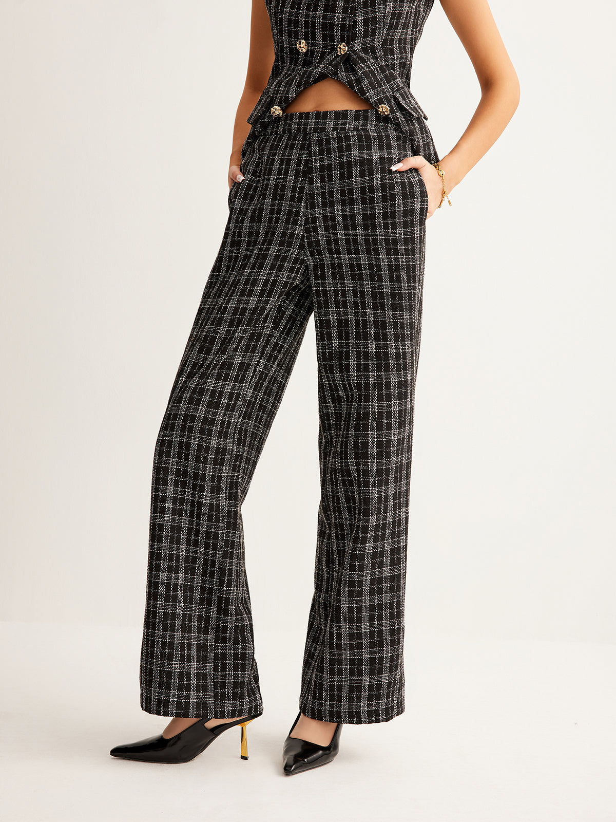 Günlük Kareli Tweed Pantolon