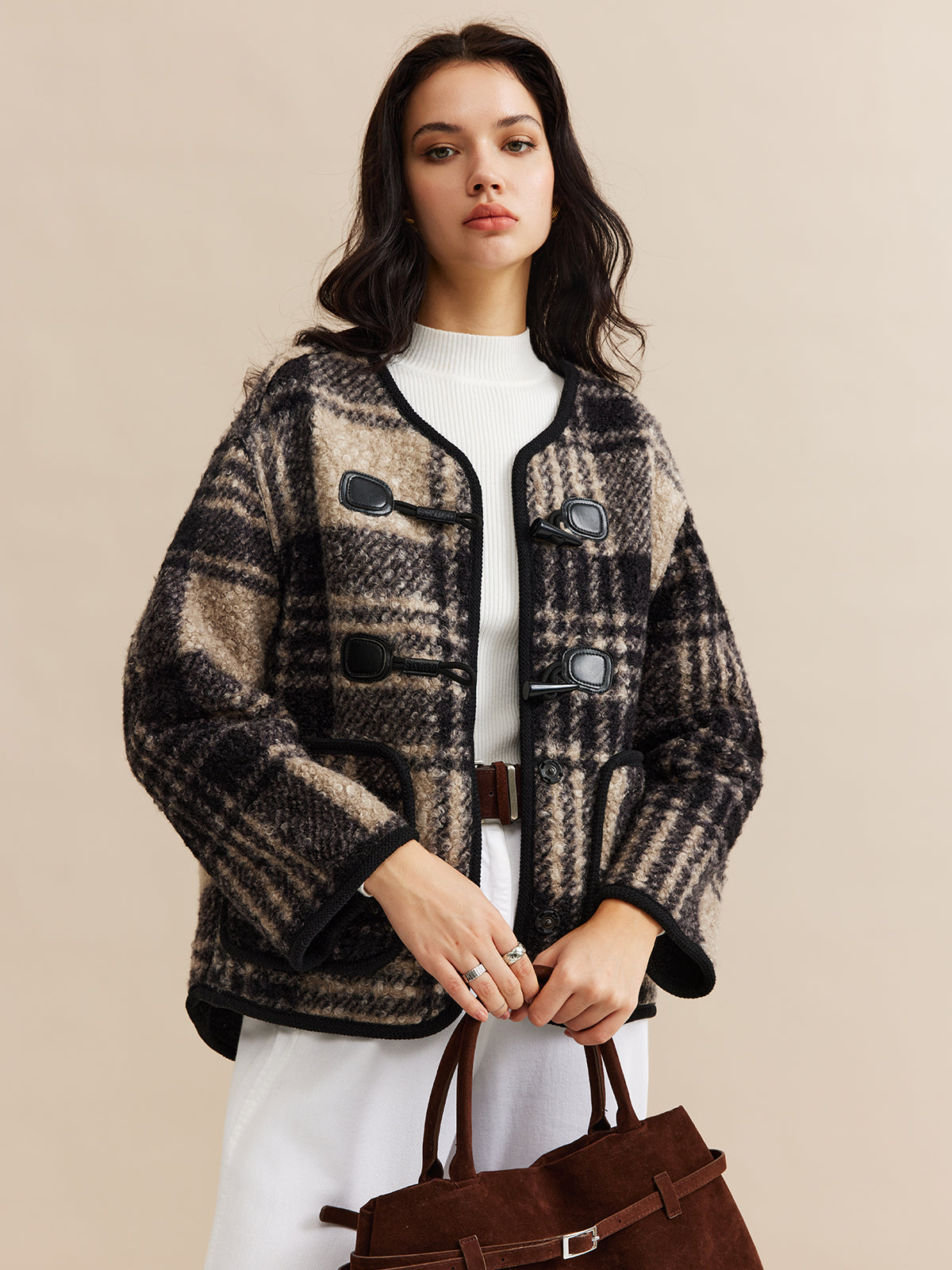 Kontrast Kesim Kareli Tweed Palto