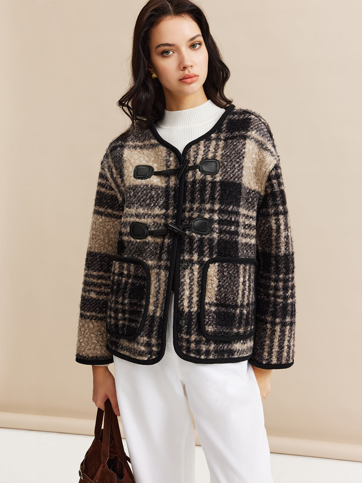 Kontrast Kesim Kareli Tweed Palto