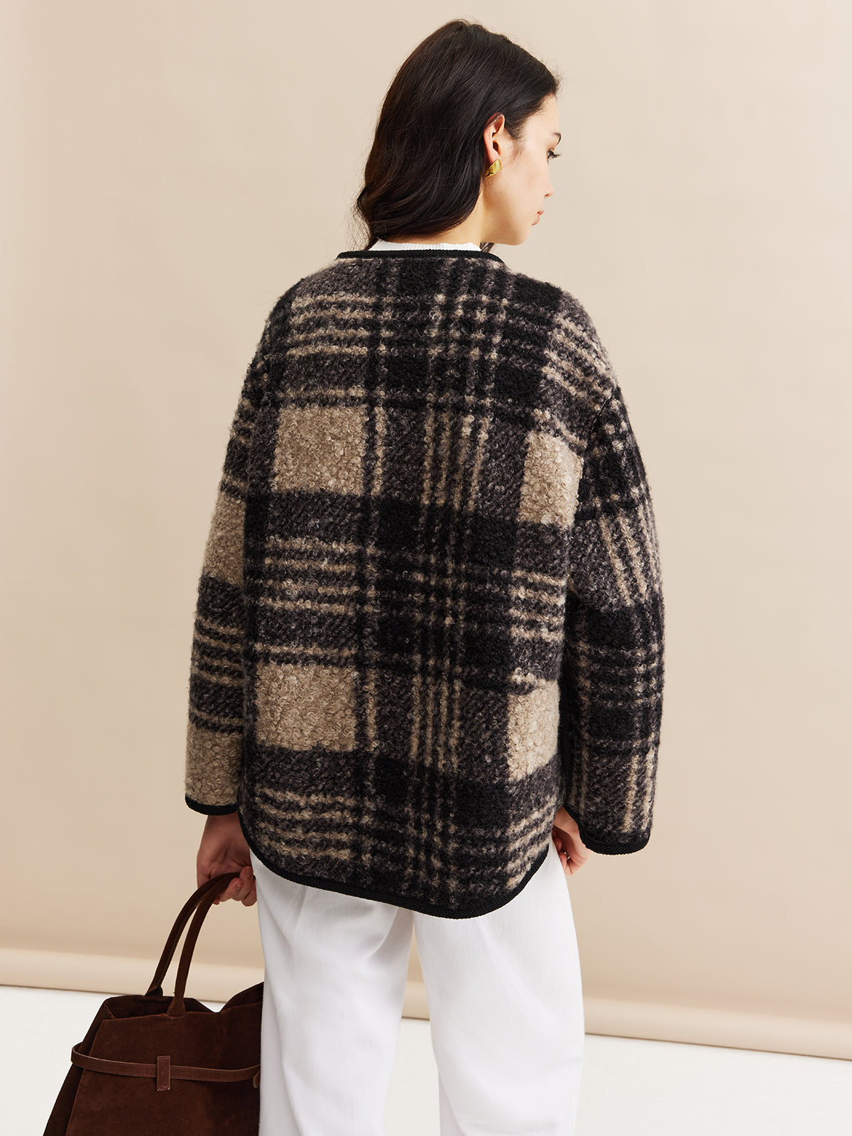 Kontrast Kesim Kareli Tweed Palto