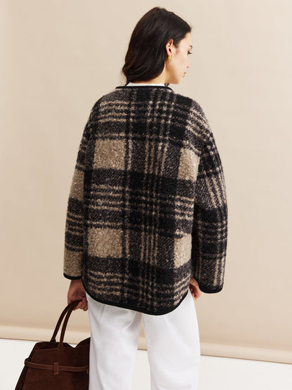 Kontrast Kesim Kareli Tweed Palto