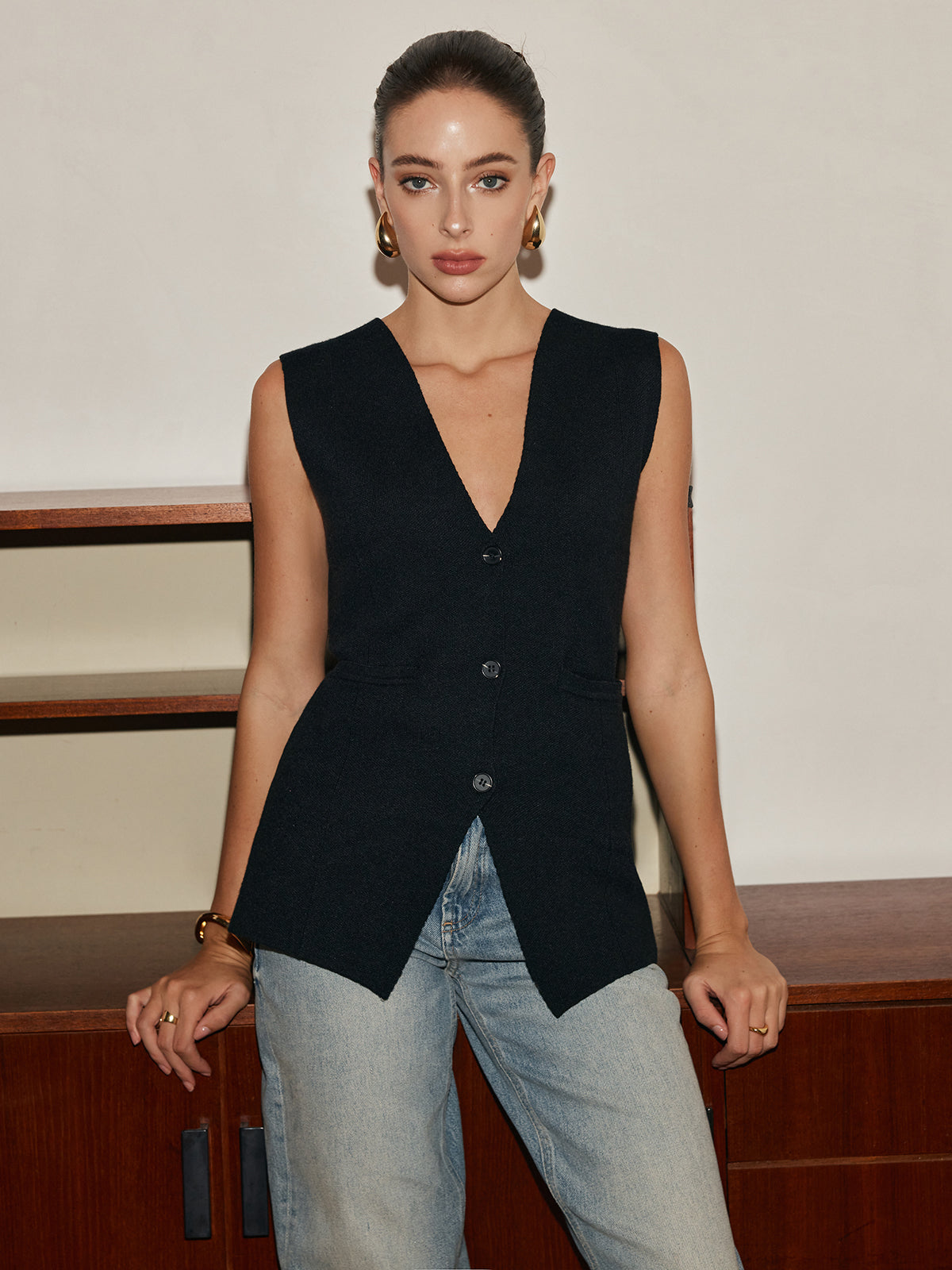Leisure Button Slim Kazak Yelek