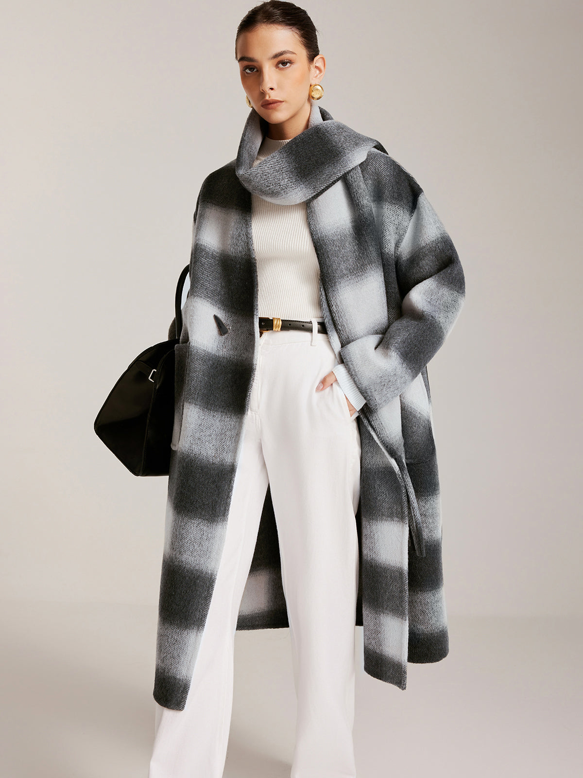 Yün Karışımlı Tweed Uzun Palto ve Eşleşen Püsküllü Atkı