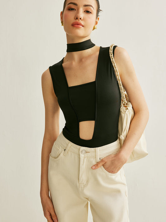Spor Şık Kolsuz Kesikli Bodysuit