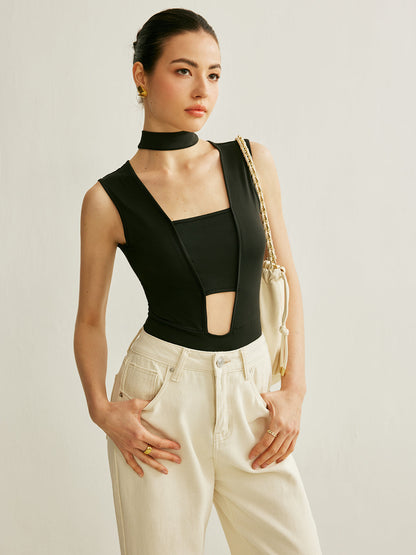 Spor Şık Kolsuz Kesikli Bodysuit