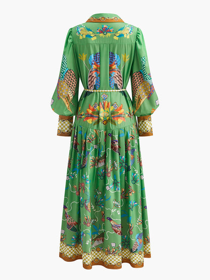 Boho Uzun Kollu Düğmeli Çiçekli Elbise