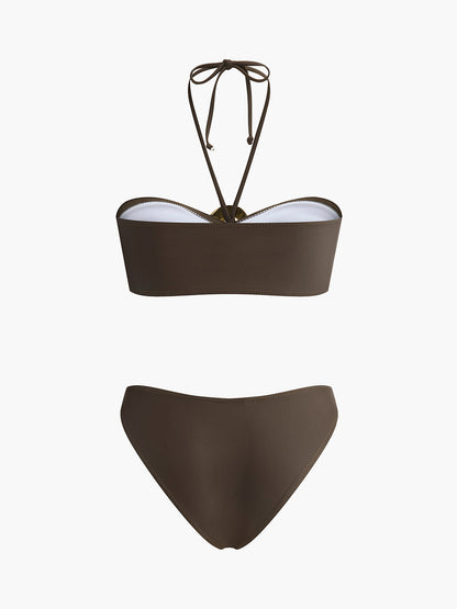 Drapeli Etekli Oval Halka Detaylı Bandeau Bikini Takımı