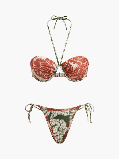 Bağcıklı Yan Etekli Çiçekli Bikini Takımı