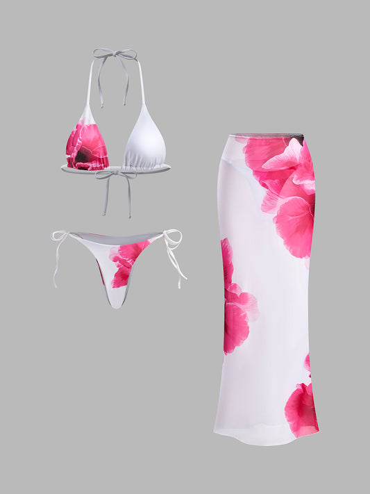 Yarı Şeffaf Etekli Çiçekli Bikini Takımı