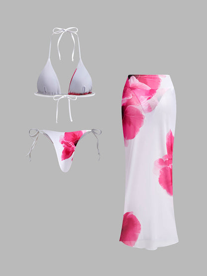 Yarı Şeffaf Etekli Çiçekli Bikini Takımı