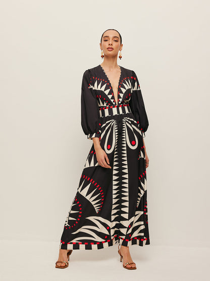 Boho Desenli V Yakalı Yırtık Elbise