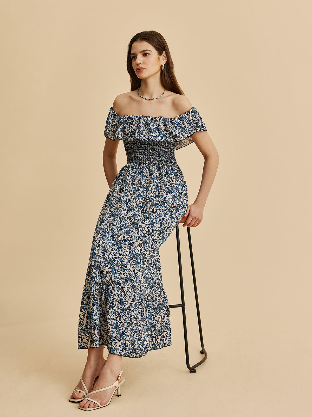 Boho Yakalı Omuzdan Bağlamalı Çiçekli Elbise