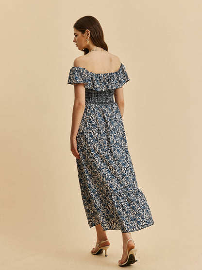Boho Yakalı Omuzdan Bağlamalı Çiçekli Elbise
