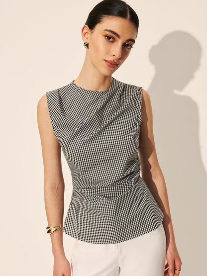 Gingham Büzgülü Kolsuz Üst