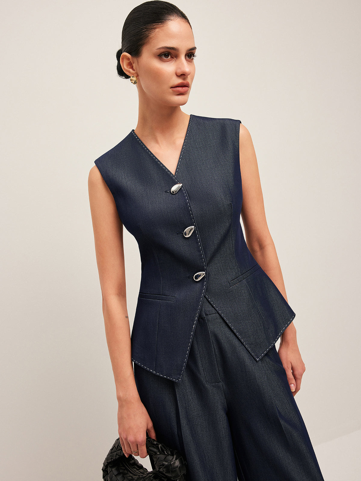 Kontrast Dikişli Düğmeli Peplum Yelek